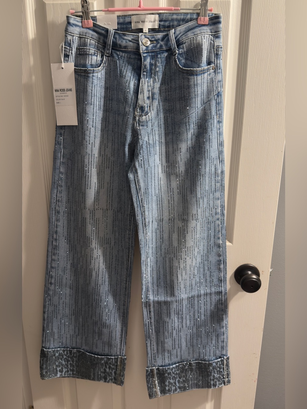 NWT Nina Rossi Light Blue Relaxed Straight leopard cuff sparkle jeans